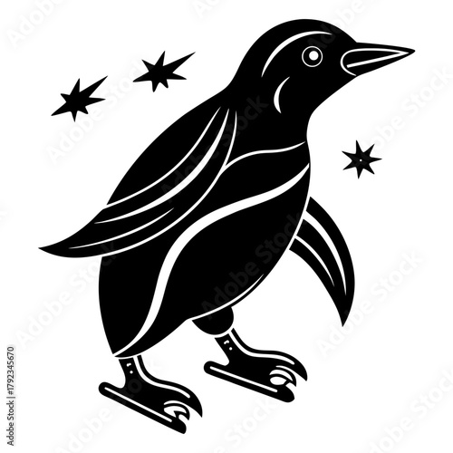 Stylized black penguin with stars, simple graphic illustration design