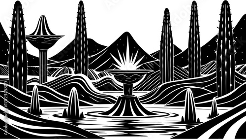 Abstract alien landscape with towering plants and mystic glow