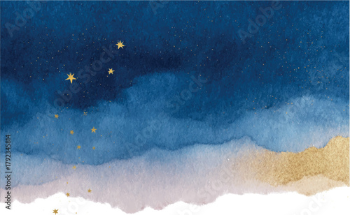 Watercolor night sky with golden stars vector illustration