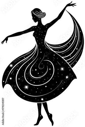 Dancing woman silhouette with stars and cosmic design vector art