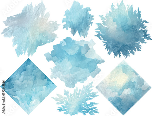 Winter blue watercolor abstract shapes vector set isolated on white