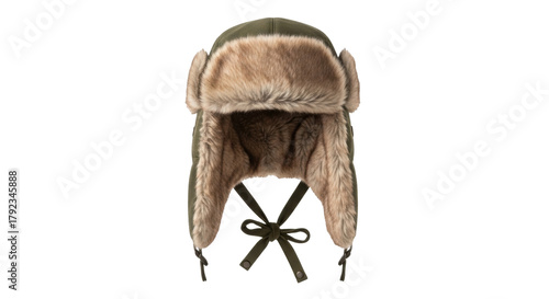 Isolated Cold-Weather Trapper Hat with Fur Trim, Winter Fashion, Warm Headwear, Outdoor Apparel