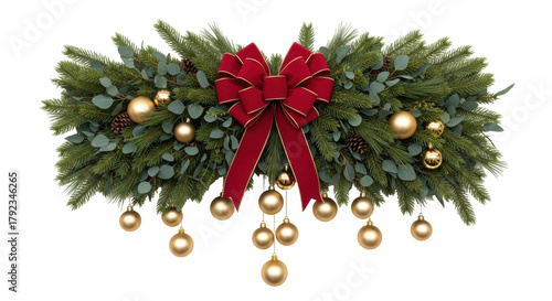 Photos Isolated Christmas decoration with garland, red ribbon, golden ornaments for fes