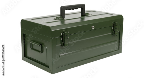 Isolated olive green toolbox, a heavy duty case with carrying handle and metal clasps, durable