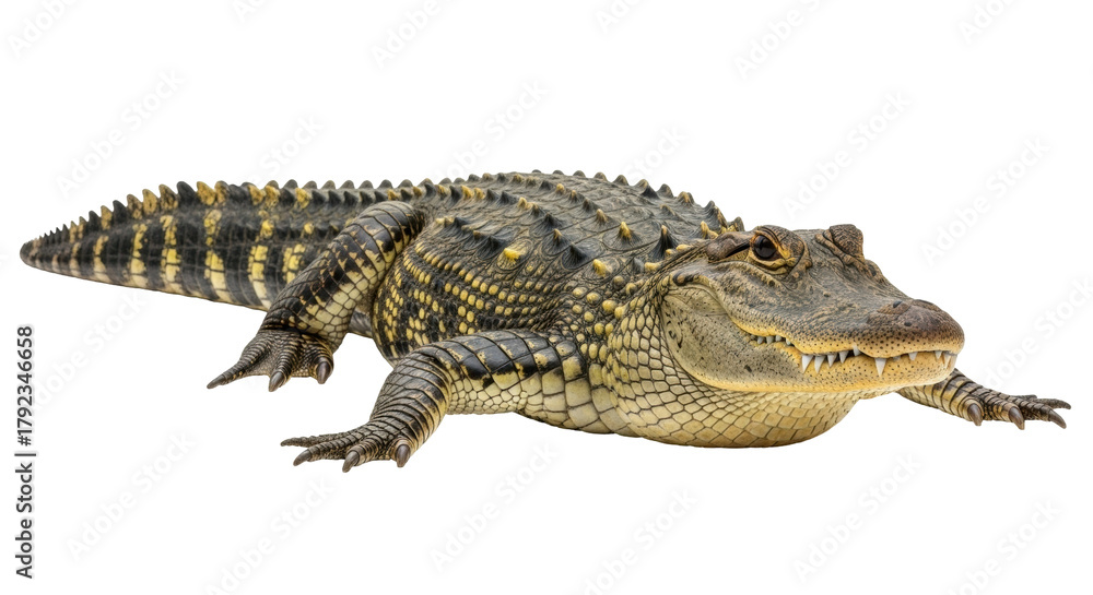 Naklejka premium Isolated American Alligator lurking, crawling on the ground, showing its teeth in a full shot