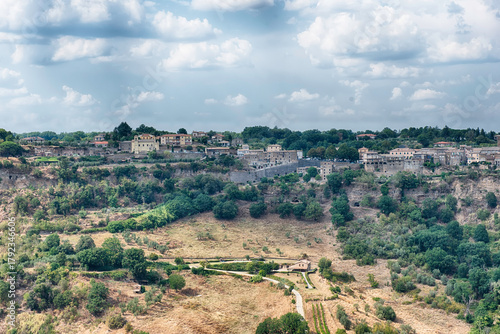 Panoramic view of Bagnoregio, Italy, nestled on a dramatic cliff