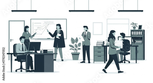 A monochrome flat vector illustration of people working in an office. Clean 2D style for corporate and business projects.