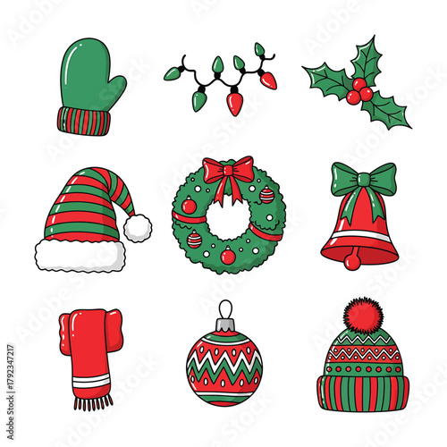 Christmas elements, wreath, hat, bell and lights