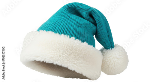 Isolated blue knit hat with white faux fur trim, festive winter headwear fashion accessory