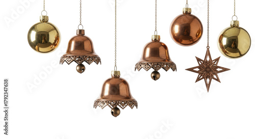 Fotografia Isolated assortment of festive holiday decorations, antique bells, balls, and st