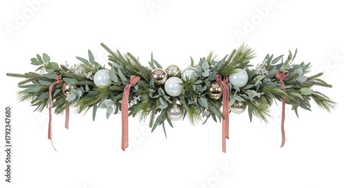 Isolated festive Christmas ornament, table decoration with ornaments, eucalyptus and cedar