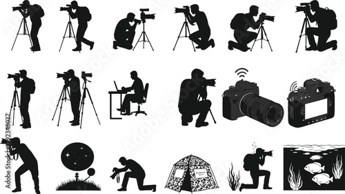 Silhouette photographers with tripod, handheld camera, standing, kneeling, crouching, outdoor nature scenes, underwater photography, photo camp, creative vector illustration