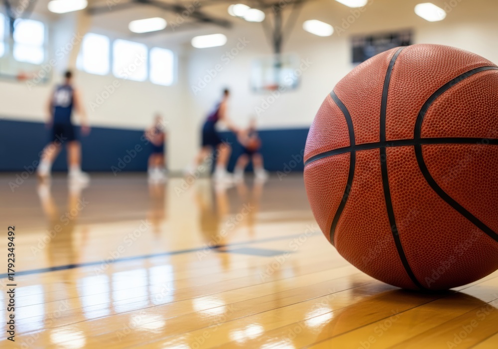 Naklejka premium basketball on the court with players in the background during a game or practice