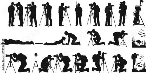 Silhouette photographers with tripod, standing, kneeling, crouching, underwater photography, creative camera poses, diverse shooting techniques, professional photo illustration vector