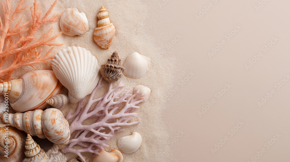 Obraz premium Flat lay of assorted seashells and coral on beige sand background with copy space.