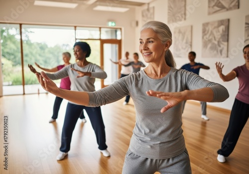 Group of mature adults practicing Tai Chi in a bright, airy studio