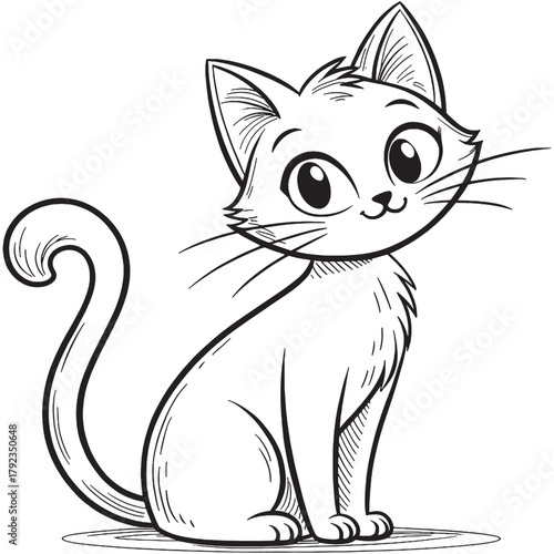 A charming black and white sketch depicts a cute and attentive cat