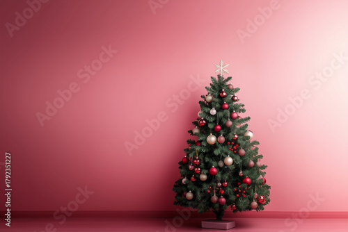 Decorated Christmas Tree Against Pink Wall