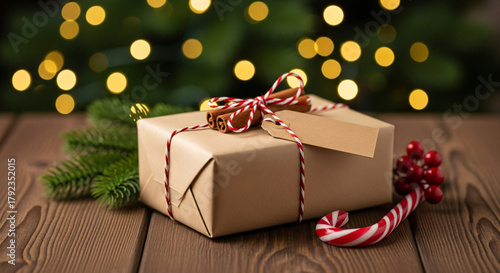 Brown Christmas gift box with a blank tag on rustic wooden table.