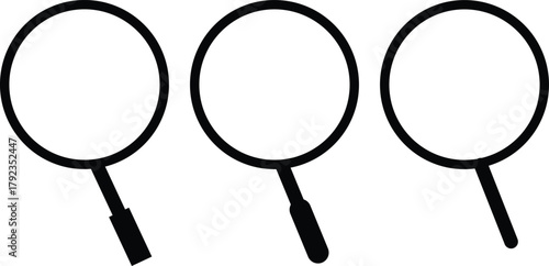 Three minimalist black outline magnifying glass icons for search and discovery