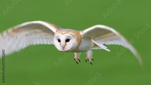 Barn owl gliding gracefully through the air in slow motion with elegant wing movements