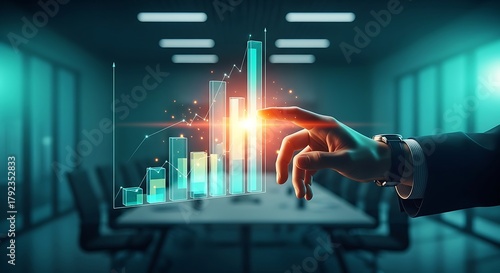Interactive Business Chart Display Hand Touching Growing Graph in Futuristic Office Setting