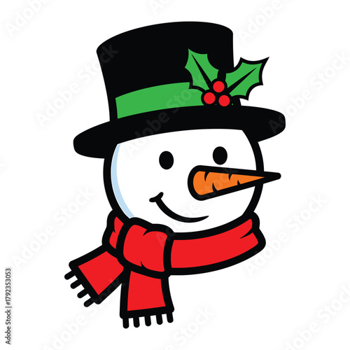 Cheerful snowman head with hat and scarf