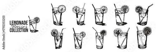 Lemonade cocktail drink doodle hand drawn vector. Vintage bar sketch collection of glasses with lemon slices and ice cubes for summer beverage, cafe or restaurant design.
