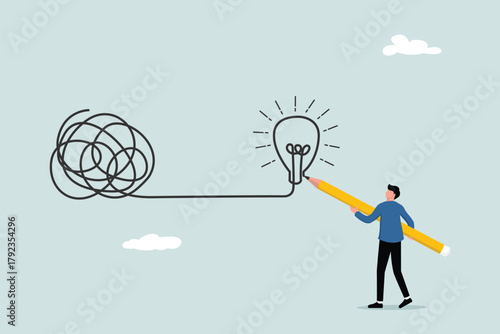 Creativity to solve problems, simplify ideas from messy problems, solutions to obstacles or difficulties, business skills to solve complex obstacle concepts, businesspeople draw light bulbs from mess