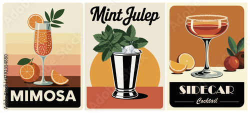Vintage-style vector cocktail poster set featuring Mimosa, Mint Julep, and Sidecar cocktails with retro orange, brown, and black palette, flat art deco style, and bold typography