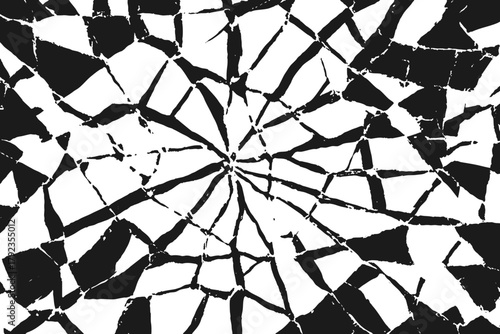Shattered glass pattern vector texture with bold contrast and circular cracks. Dynamic burst of fractured pieces forming geometric abstract background design.