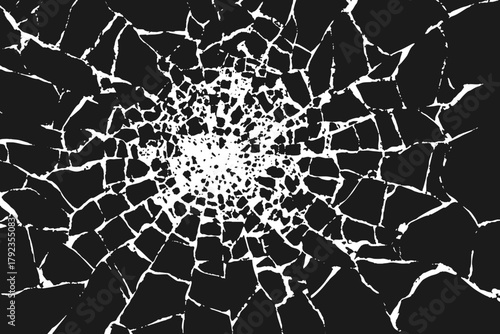 Broken glass shatter texture vector abstract pattern burst. Dynamic cracked background with radial fragments and central impact effect. Vector realistic screen or window break visuals for posters.