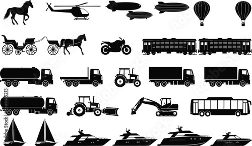 Transportation silhouette icons, vehicles illustration, horse carriage, helicopter, blimp, hot air balloon, yacht, sailboat, bus, train, truck vector artTransportation silhouette icons, vehicles 