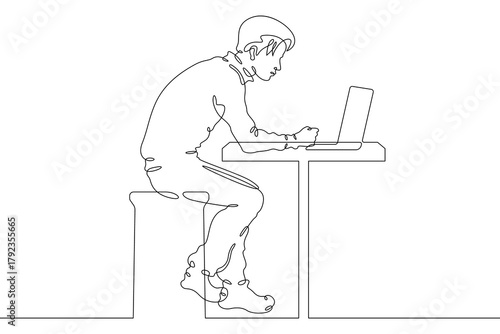 Continuous single line drawing man is sitting at a laptop. A man is working at a computer.Linear . One continuous line isolated minimalist illustration. Not AI.