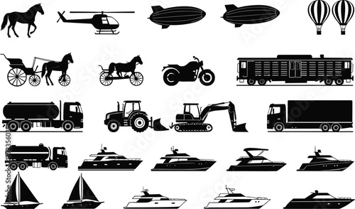 Transportation silhouette icons, vehicles illustration, horse carriage, helicopter, blimp, hot air balloon, yacht, sailboat, train, truck, tractor vector art