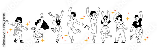 Happy People Dancing. Holiday and Party. Isolated Outline Joyful Girls and Guys in Dance hand drawing Doodle. Vector Illustration. Not AI