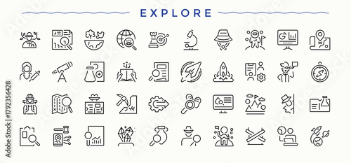 Explore modern icon set. Minimalist editable vector stroke. Discovery icon set. Contain linear sign magnifying, data, investigate, magnify, research, discovery and more.