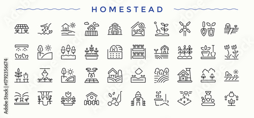 Homestead icon collection. Thin linear style icons. Contains related to gardening, rural, farming, field, farm. Vector collections. House simple icon set.