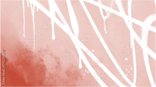 White graffiti drip lines on red halftone spraypaint texture. Grunge punk background with abstract drips and rough tone for poster, banner, or print.