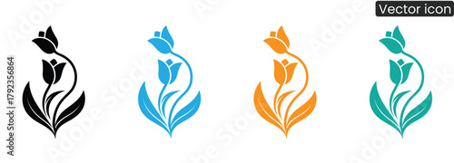 Discover a versatile collection of stylized tulip icons in striking black, vibrant blue, warm orange, and cool teal, ideal for adding a touch of natural elegance to any design project.