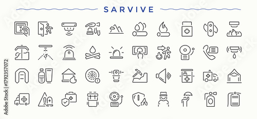 Rescue linear icon collection. Outline icons pack. Pixel perfect. Vector illustration. Alarm vector line icon set. Pictograms of firefighter, safety, alarm and more.