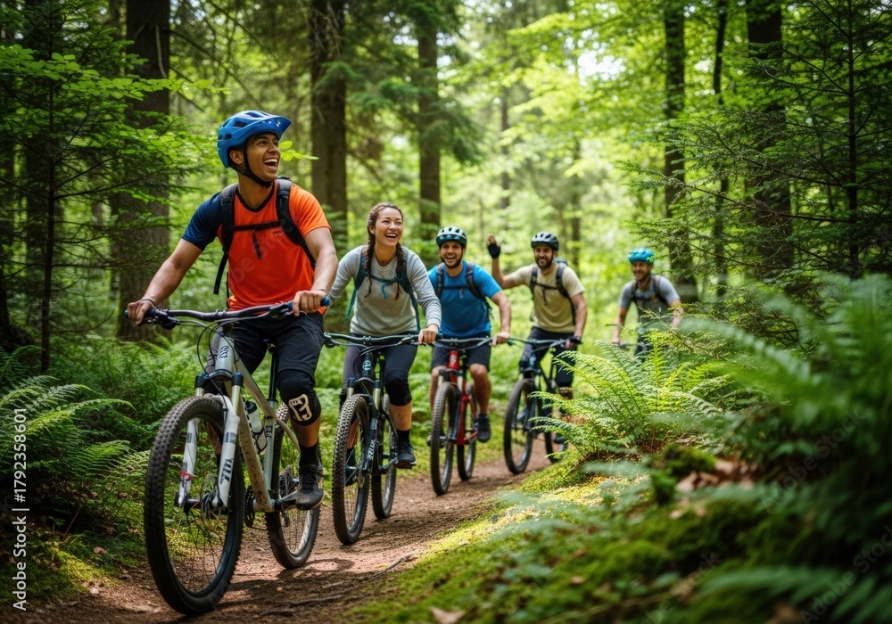 Naklejka premium Group of friends mountain biking on a forest trail, enjoying the outdoors