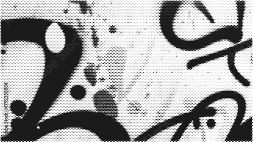 Comic style black graffiti halftone pattern with urban ink splashes and dripping lines. Bold retro street art texture for poster, template, or design layout.