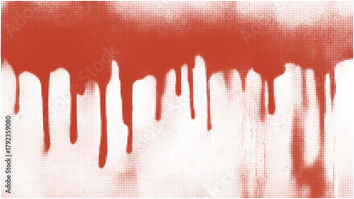Red halftone dripping paint art with bold graphic contrast and retro grain. Vector overlay for punk graffiti poster, pop art, or abstract street texture.