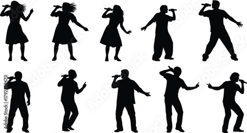 Collection of male and female singer silhouettes performing on stage with microphones, dynamic poses, perfect for concert posters, music events, and entertainment designs