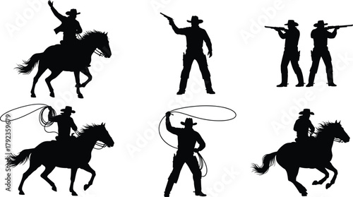 Cowboy silhouette vector illustration featuring horse riding, lasso throwing, and gun action scenes, representing wild west adventure, cowboy culture, and western lifestyle