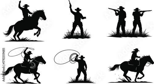 Cowboy silhouette vector illustration with horse riding, gun shooting, and lasso action scenes, representing wild west culture, adventure, and western lifestyle