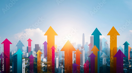 都市とカラフル矢印で表現した成長イメージ