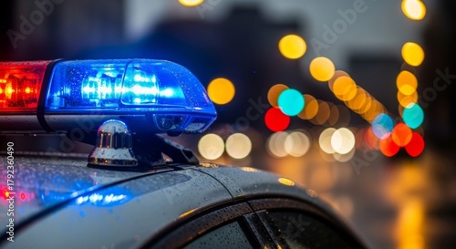 Close-up of a police car's flashing red and blue lights on a wet, urban street at night, with blurred city lights in the background.