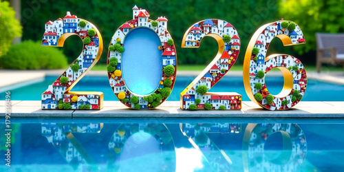 Large numbers for the new year 2026 decorated with houses, greenery and a blue swimming pool. The concept for the development of private tourism, real estate for recreation. Banner with copy space